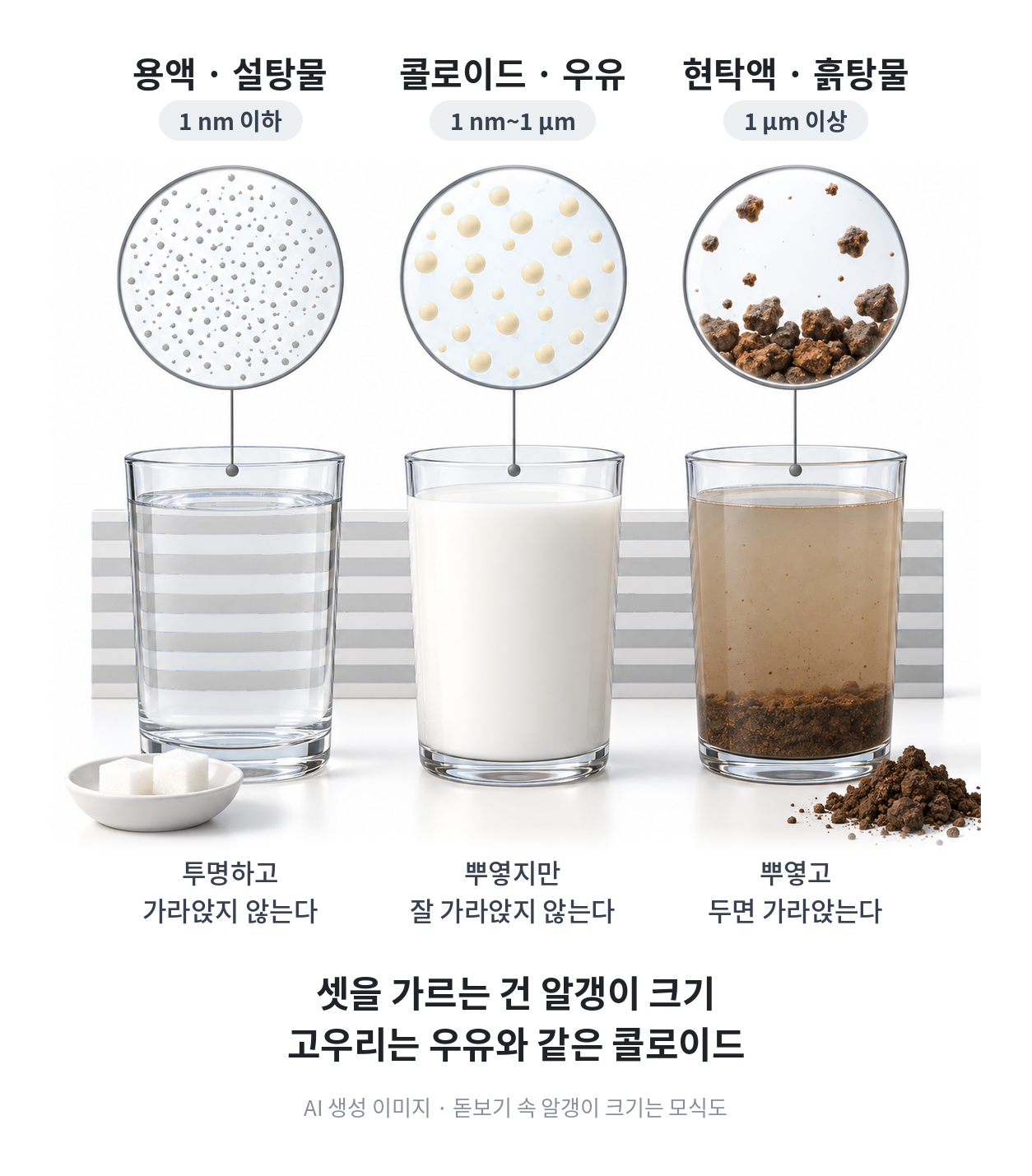 용액과 콜로이드와 현탁액 비교 그림